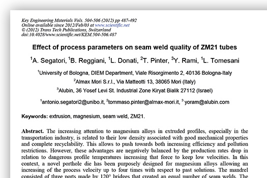 Almax Mori | FEA | Effect of process parameters on seam weld quality of ZM21 tubes | Key Engineering Materials