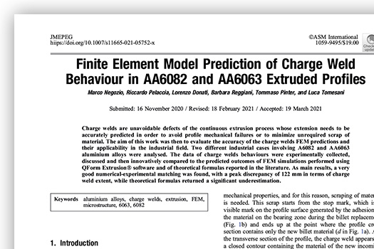 Almax Mori | FEA | Finite Element Model Prediction of Charge Weld Behaviour in AA6082 and AA6063 Extruded Profiles | Journal of Materials Engineering and Performance